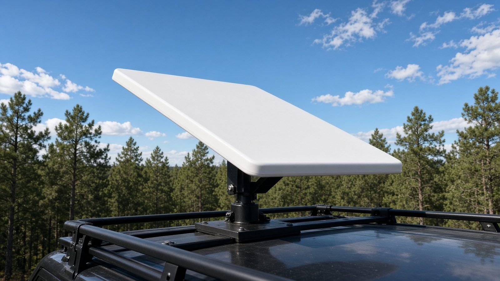 A flat satellite dish bolted to a black van roof rack, with pine trees and blue sky behind